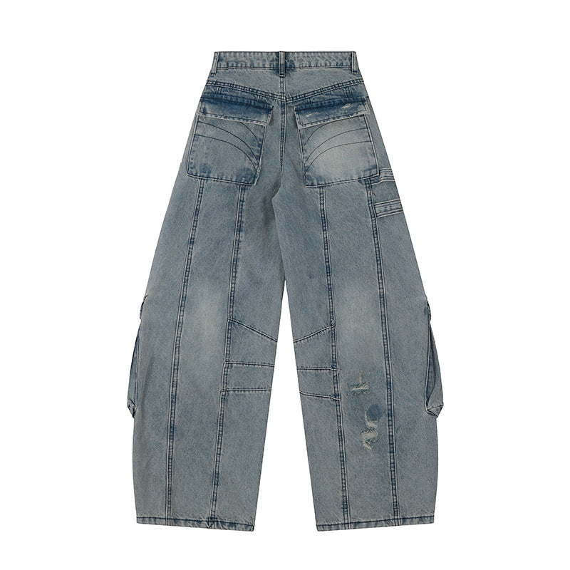 Damen weite Jeans-Cargo-Culotte mit taktischen Taschen, Gurtapplikationen und Used-Details Nord Taschen