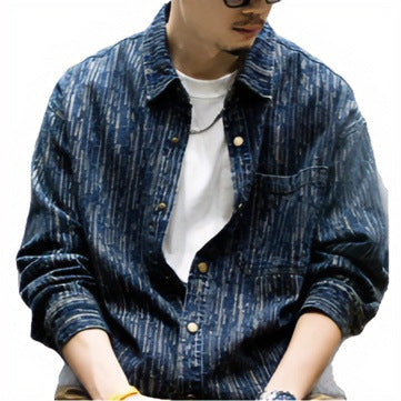 Herren Denim-Overshirt mit vertikaler Strukturprägung und Druckknopfleiste Nord Taschen