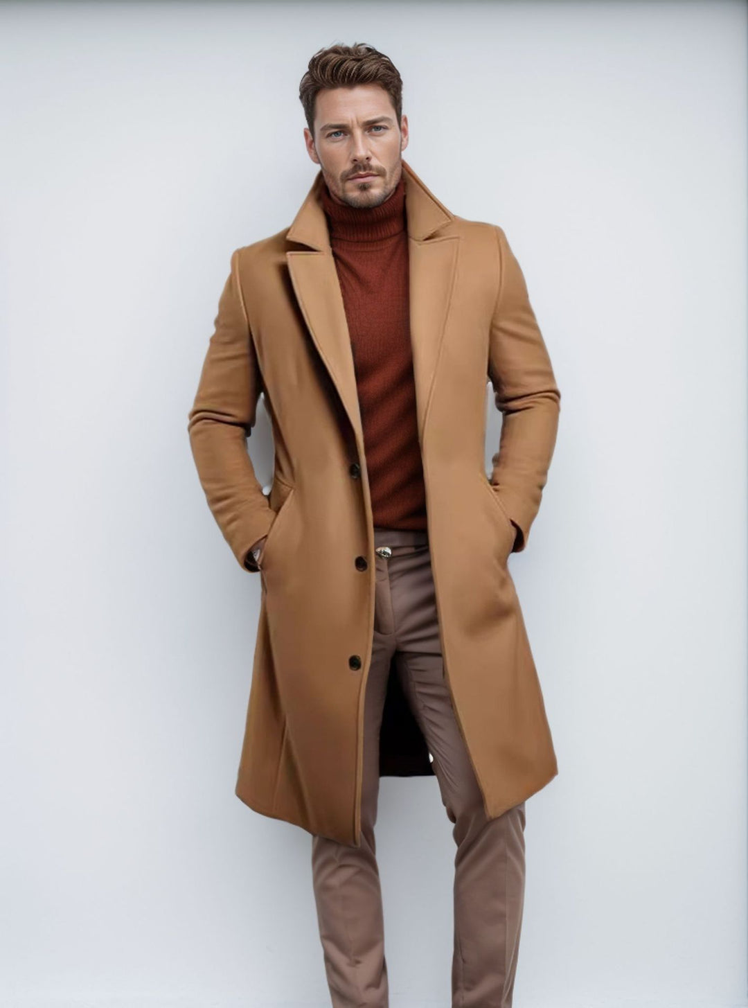 Herren Langer taillierter Mantel mit breitem Revers und edler Wollmischung Nord Taschen