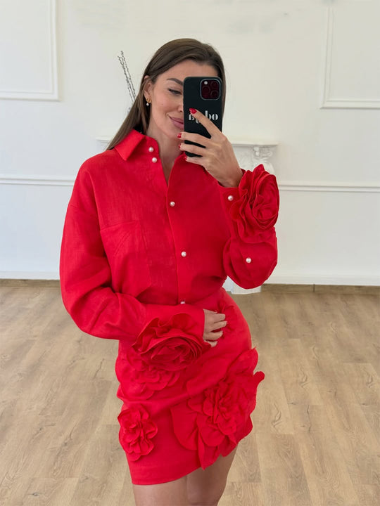 Damen Hemdblusen-Minirock-Set mit voluminösen 3D-Rosenapplikationen und Perlendetails Nord Taschen