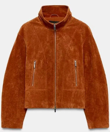 Damen Cropped-Veloursjacke im minimalistischen Design mit Stehkragen, Ziernähten und Reißverschlusstaschen Nord Taschen