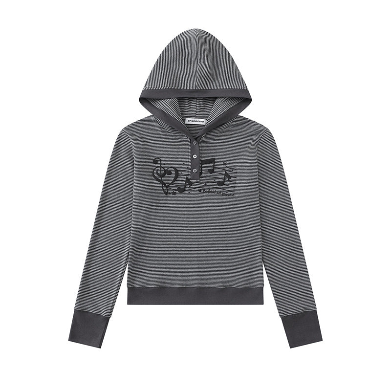 Damen Kapuzen-Henley-Pullover aus leichtem Streifenjersey mit Musik-Print Nord Taschen