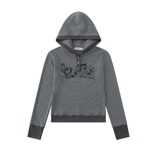 Damen Kapuzen-Henley-Pullover aus leichtem Streifenjersey mit Musik-Print Nord Taschen