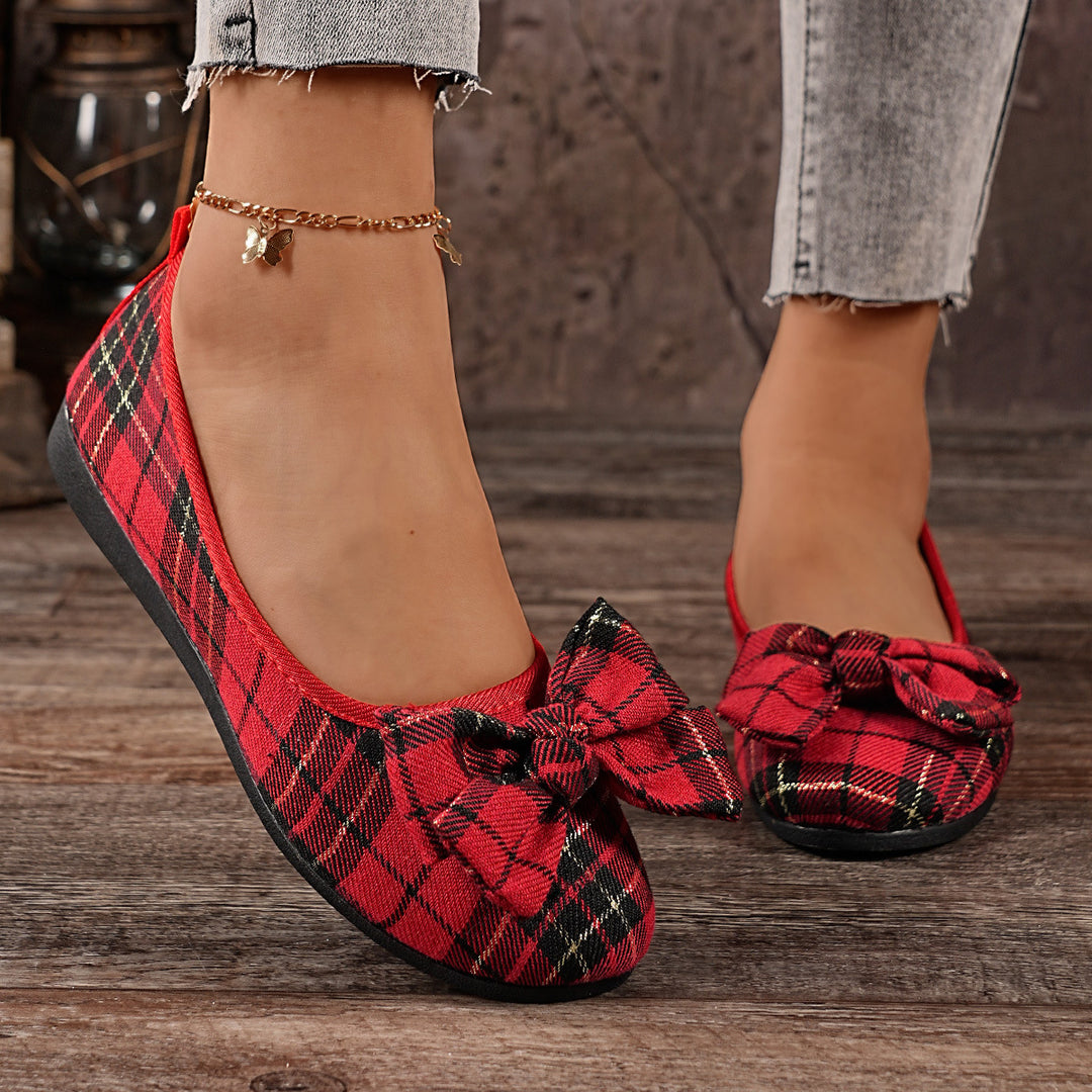 Damen  karierter Ballerina Slipper mit dekorativer Schleife und gepolstertem Komfortfußbett Nord Taschen