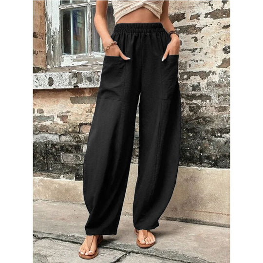 Damen Leichte Leinenhose mit weitem Bein, hohem elastischem Bund und aufgesetzten Taschen Nord Taschen