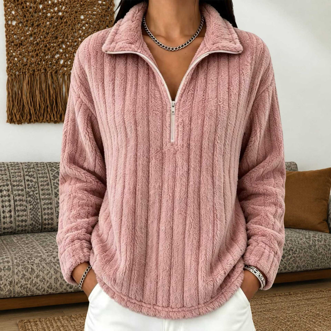 Damen Kuscheliger Plüsch-Halfzip-Pullover mit Stehkragen Nord Taschen