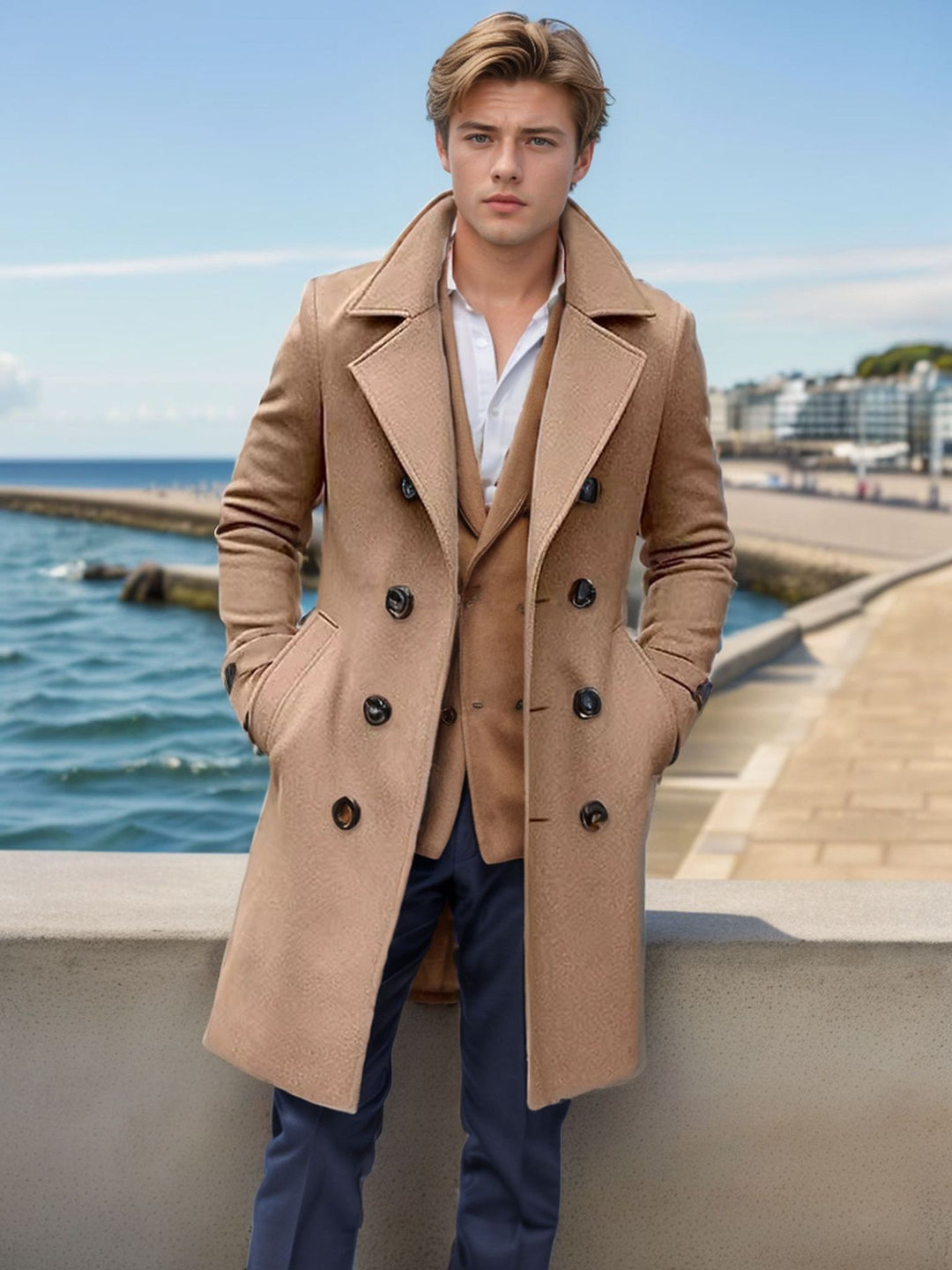 Herren Eleganter einreihiger Langmantel aus Wollmix mit schmaler Silhouette und Reverskragen Nord Taschen