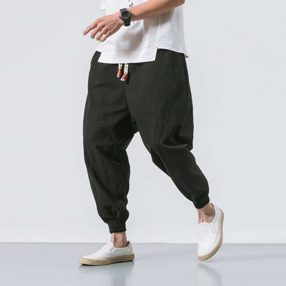 Herren relaxed Fit Leinen-Jogger mit Tunnelzug, eingesetzten Knieteilen und elastischen Bündchen Nord Taschen