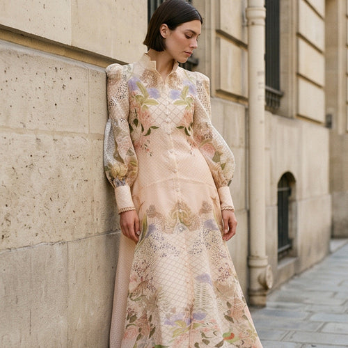 Damen Maxikleid mit floralem Druck, durchgehender Knopfleiste und voluminösen Puffärmeln Nord Taschen