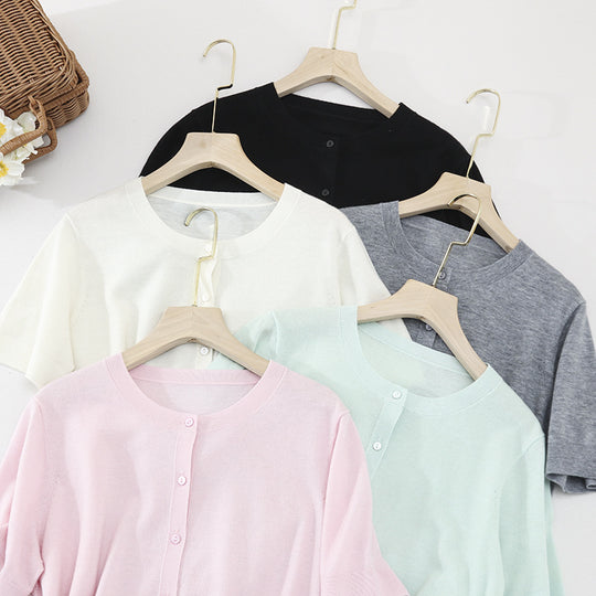 Damen Kurzarm-Feinstrick-Cardigan mit Rundhalsausschnitt und durchgehender Knopfleiste Nord Taschen