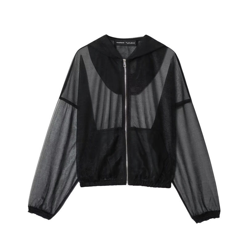 Damen Transparente Mesh-Trainingsjacke mit Kapuze, durchgehendem Reißverschluss und elastischem Saum Nord Taschen