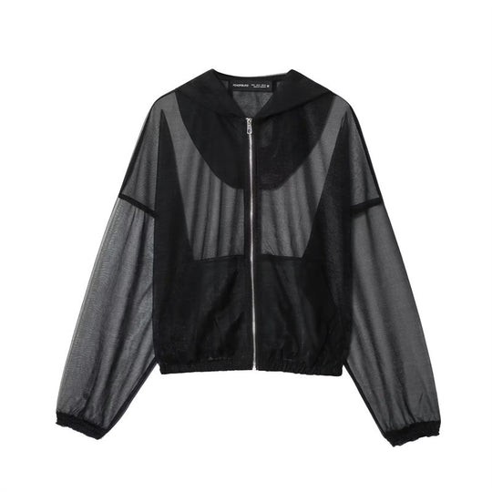 Damen Transparente Mesh-Trainingsjacke mit Kapuze, durchgehendem Reißverschluss und elastischem Saum Nord Taschen