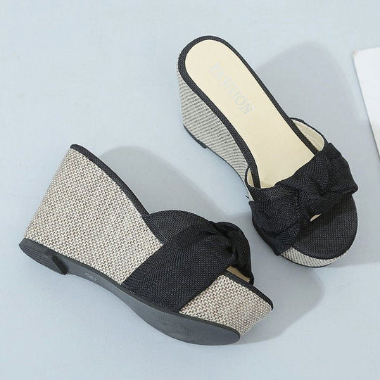 Damen nan Keil-Pantolette mit hohem Bast-Plateau und gedrehtem Textilriemen