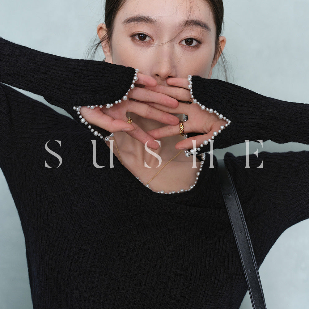 Damen Feinstrickpullover mit Perlenbesatz am V-Ausschnitt Nord Taschen
