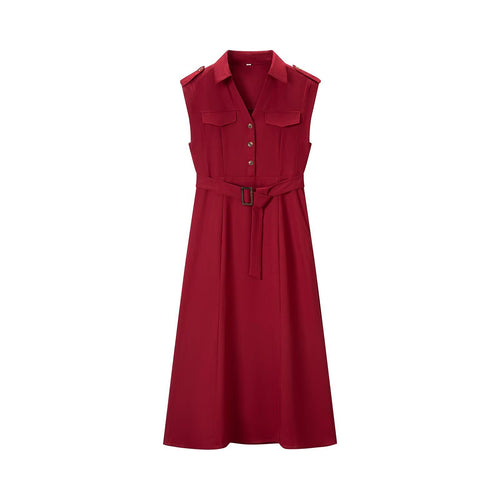 Damen Ärmelloses Hemdblusenkleid mit Taillengürtel, Brusttaschen und Reverskragen Nord Taschen