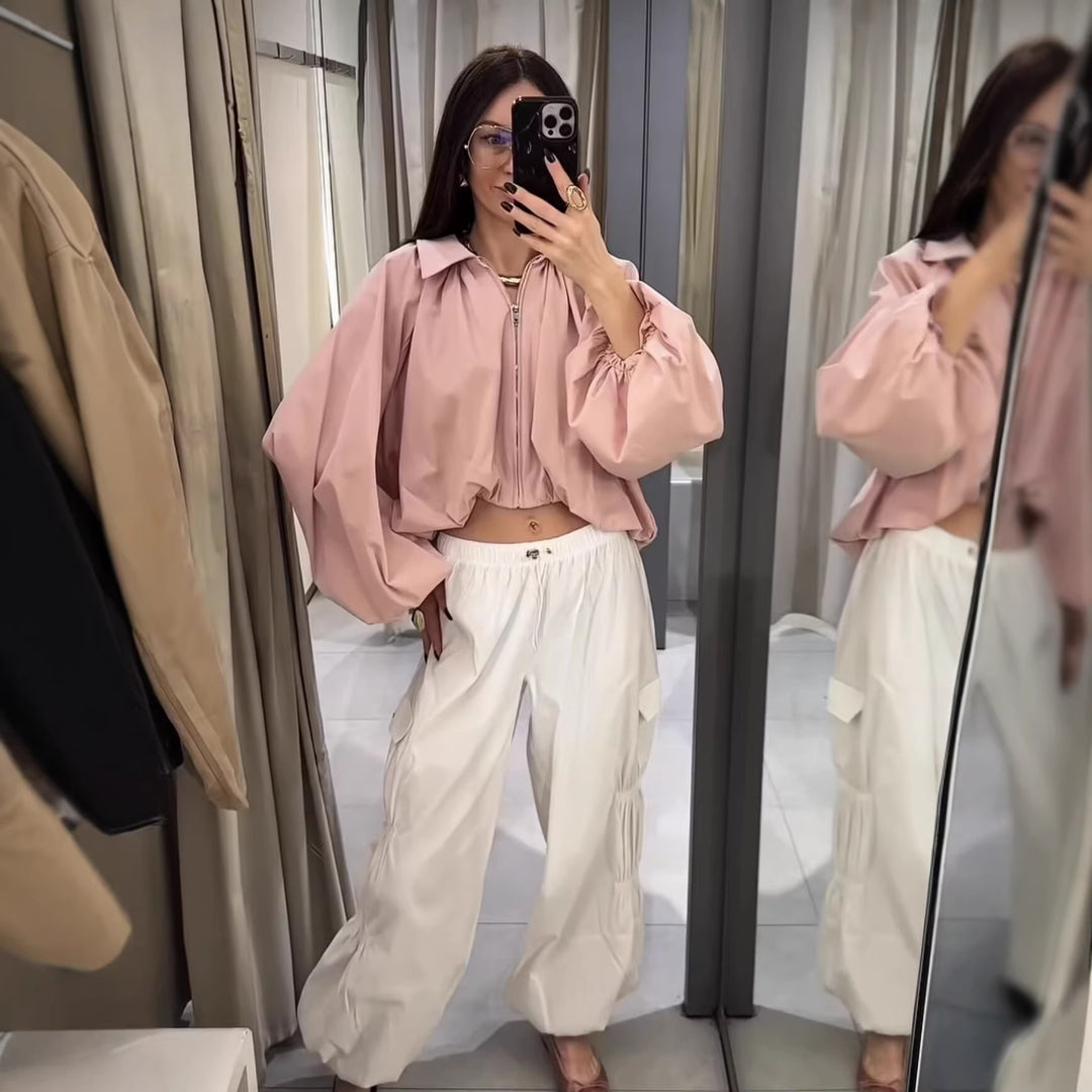Damen Cropped-Blusenjacke mit Hemdkragen, geraffter Passe und weitem Volumenärmel Nord Taschen