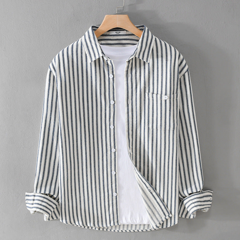 Herren Leichtes gestreiftes Layering-Overshirt aus Leinen-Baumwollmix mit Brusttasche und abgerundetem Saum Nord Taschen