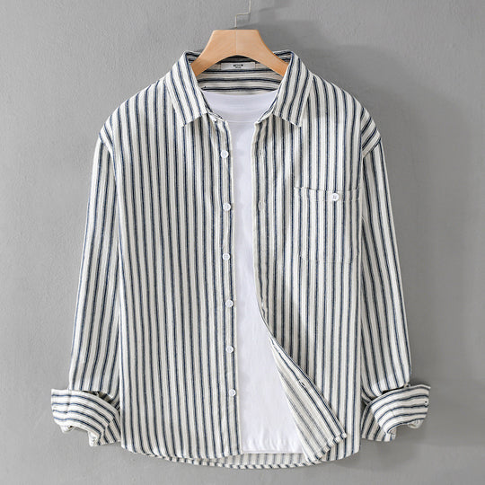 Herren Leichtes gestreiftes Layering-Overshirt aus Leinen-Baumwollmix mit Brusttasche und abgerundetem Saum Nord Taschen
