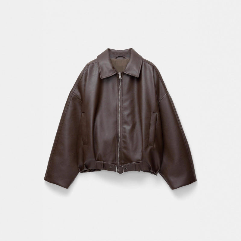 Damen Oversized Lederimitat-Blouson mit Taillengürtel Nord Taschen