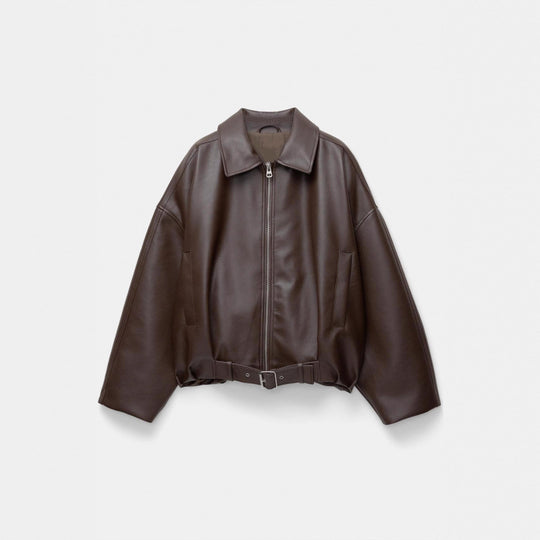 Damen Oversized Lederimitat-Blouson mit Taillengürtel Nord Taschen