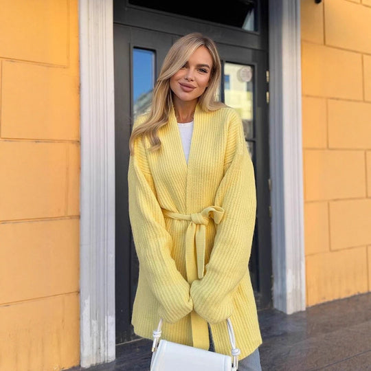 Damen Oversize Strickmantel mit Bindegürtel und geripptem Feinstrick Nord Taschen