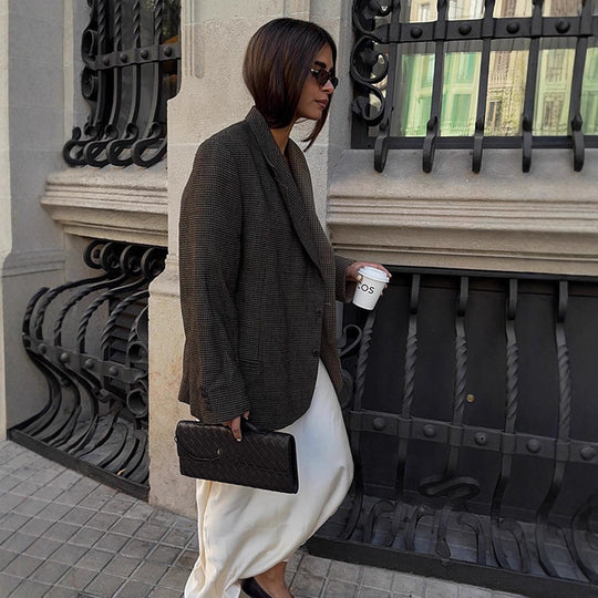 Damen Oversize Glencheck-Longblazer mit kastiger Silhouette und strukturierter Schulter Nord Taschen