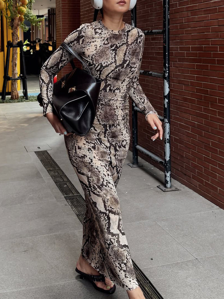 Damen Figurbetontes Maxikleid aus Stretch-Jersey mit Schlangenprint und Rundhalsausschnitt Nord Taschen
