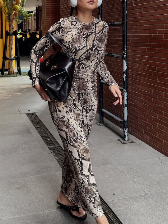 Damen Figurbetontes Maxikleid aus Stretch-Jersey mit Schlangenprint und Rundhalsausschnitt Nord Taschen