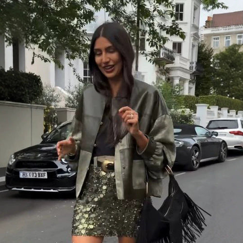 Damen Kurzjacke aus Lederoptik und Jacquard mit Stehkragen Nord Taschen