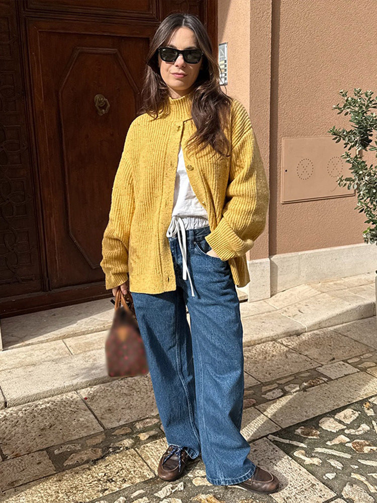 Damen Oversize-Strickjacke mit Rippenstruktur und Stehkragen Nord Taschen