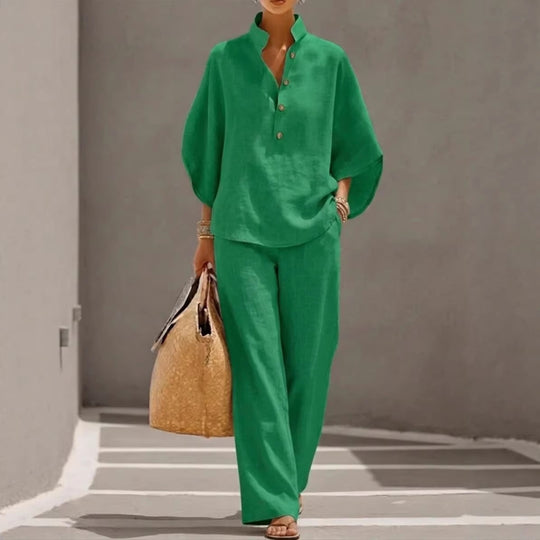 Damen Leichtes Leinen-Loungewear-Set mit Stehkragen Knopfleiste und weitem Marlene-Schnitt Nord Taschen