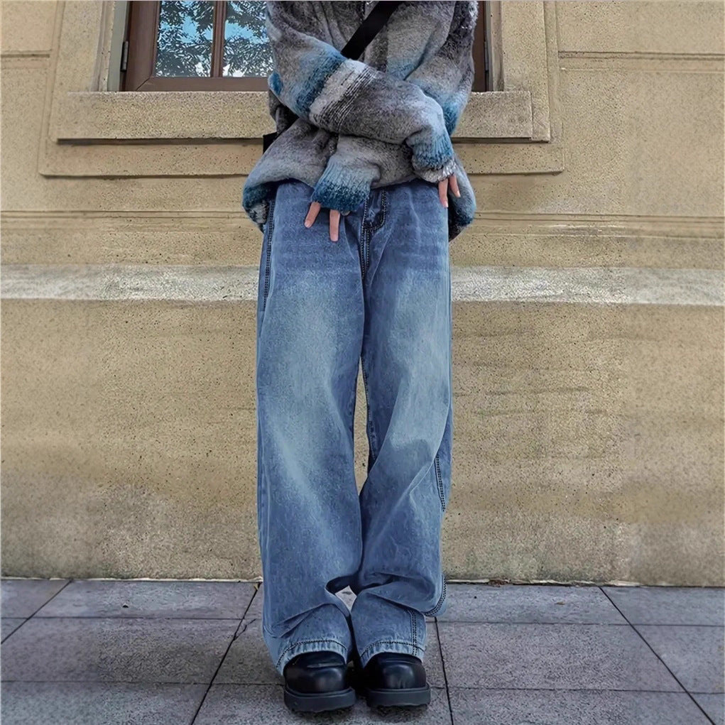 Damen weite Baggy-Jeans im Vintage-Waschung-Look mit tiefem Schritt Nord Taschen