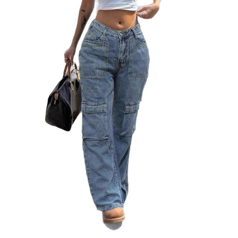 Damen Hochbundweite Cargo-Denimhose mit Utility-Taschen Nord Taschen