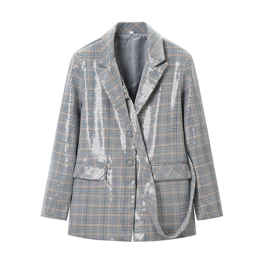 Damen Zweiteiliges Glencheck-Blazer- und Weite-Hosen-Set mit metallischem Glanz Nord Taschen