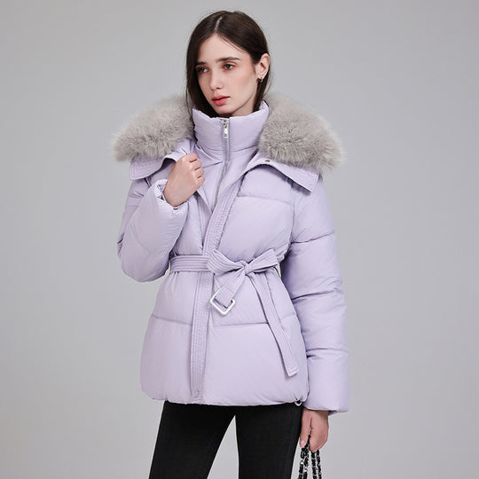 Damen nan luxuriöse kurze Pufferjacke mit integriertem Windschutzkragen und Taillengürtel Nord Taschen