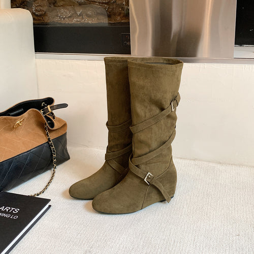 Damen Kniehohe Velourslederstiefel mit Wickelriemen und flachem Keilabsatz Nord Taschen