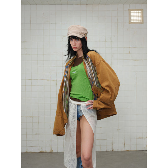 Damen kurze Baumwoll-Blousonjacke mit Ethno‑Webpaneelen und Cordbesatz Nord Taschen