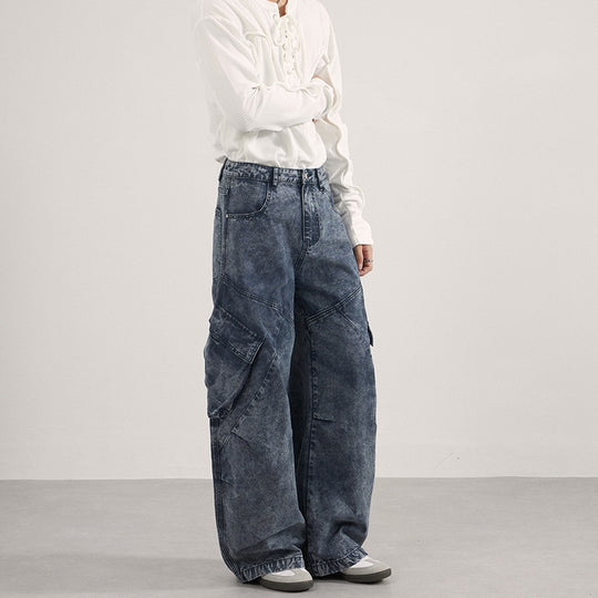 Damen Extraweite Cargo-Denim-Palazzohose mit diagonalem Nahtdesign und großen Klappentaschen Nord Taschen
