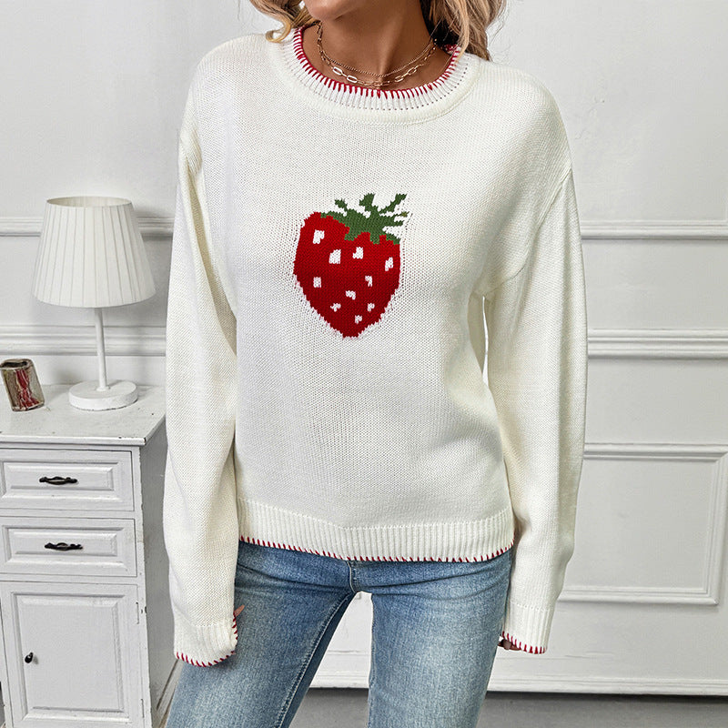 Damen Lässiger Boxy-Strickpullover mit Erdbeer‑Intarsie, geripptem Saum und Rundhalsausschnitt Nord Taschen