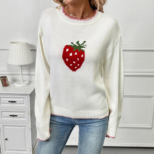 Damen Lässiger Boxy-Strickpullover mit Erdbeer‑Intarsie, geripptem Saum und Rundhalsausschnitt Nord Taschen