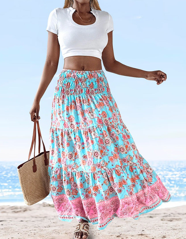 Damen Sommerlicher Maxirock mit floralen Mustern und voluminösem Saum Nord Taschen