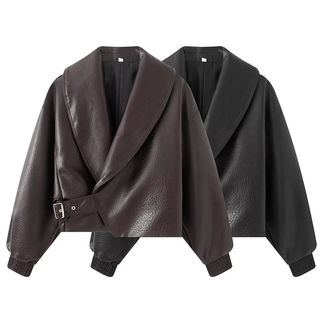 Damen Boxy Cropped Blousonjacke aus Kunstleder mit überlappendem Schalkragen und Taillenriemen Nord Taschen