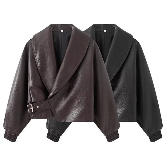 Damen Boxy Cropped Blousonjacke aus Kunstleder mit überlappendem Schalkragen und Taillenriemen Nord Taschen