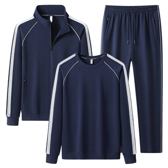 Herren Dreiteiliges Freizeit-Trainingsanzug-Set aus weichem French-Terry mit Reißverschlussjacke, Rundhals-Sweatshirt & Kordel-Jogginghose Nord Taschen
