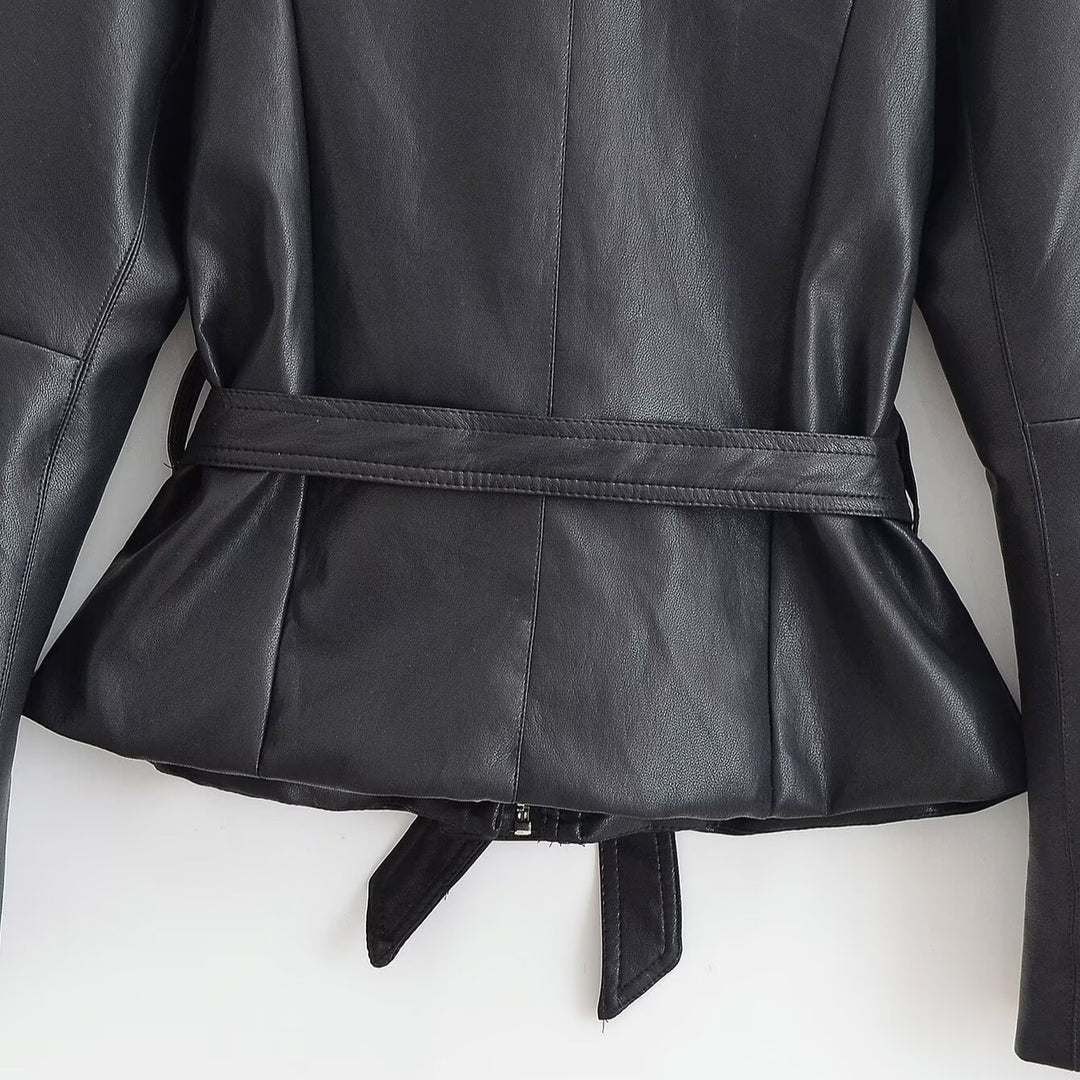 Damen Taillierte Lederoptik-Jacke mit Bindegürtel und Ballonärmeln Nord Taschen