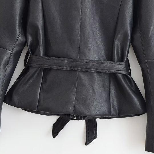 Damen Taillierte Lederoptik-Jacke mit Bindegürtel und Ballonärmeln Nord Taschen