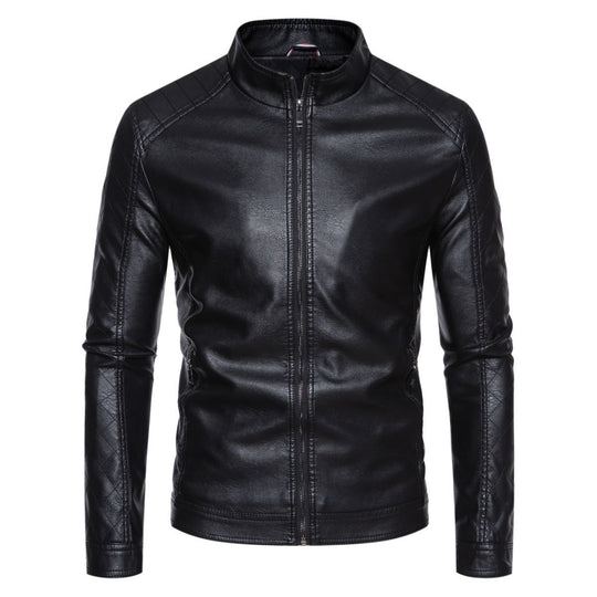 Herren taillierte Lederimitat-Bikerjacke mit Stehkragen und gesteppter Ärmeldetail Nord Taschen