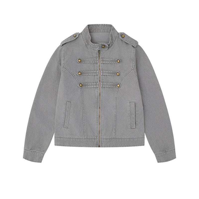 Damen Military-inspirierte Baumwoll-Canvas-Jacke mit Stehkragen, Zierknopfleisten und Schulterpatten Nord Taschen