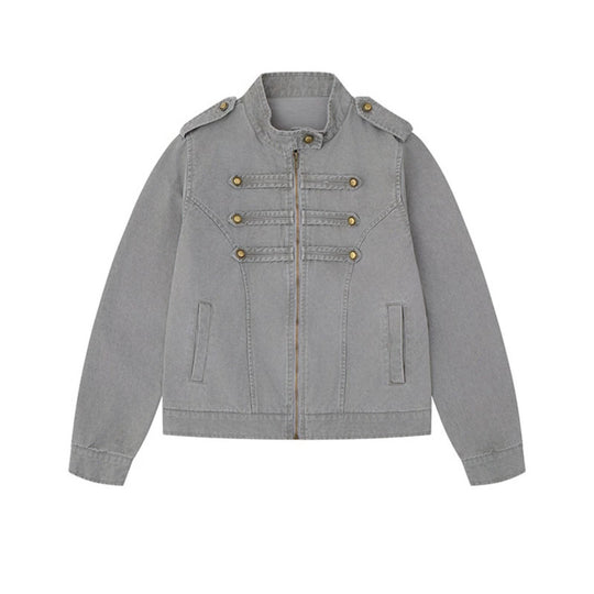 Damen Military-inspirierte Baumwoll-Canvas-Jacke mit Stehkragen, Zierknopfleisten und Schulterpatten Nord Taschen