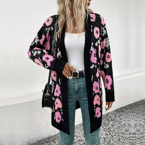 Damen Langer offener Strickcardigan mit Leo-Jacquardmuster und gerippten Säumen Nord Taschen